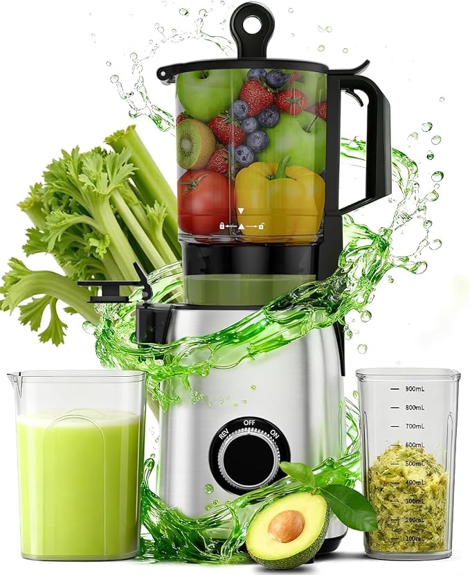 Electactic Slow Juicer Machine with 300W Pure Copper Motor, 5.4-Inch Wide Chute & Reverse Function, Stainless Steel Juicer for Family Daily Use