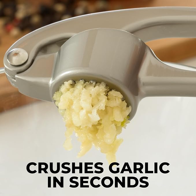 Zulay Kitchen Premium Garlic Press Set - Rust Proof Professional Garlic Mincer Tool - Easy-Squeeze, Easy-Clean with Soft, Ergonomic Handle - Silicone Garlic Peeler & Brush (Silver)