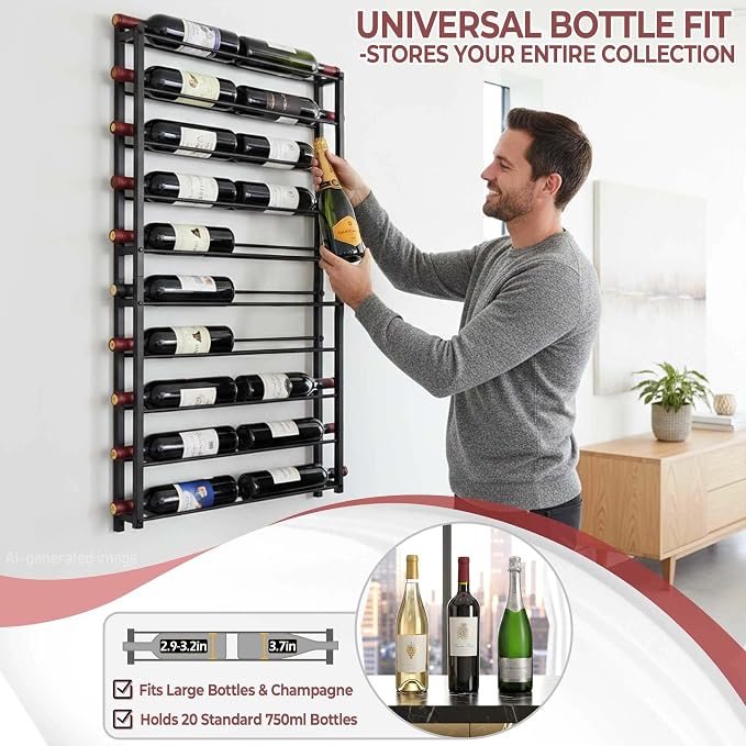 Wine Rack Wall Mounted: 20 Bottle Capacity Storage - 3.7'' Extra Wide Slots | Heavy Duty for Champagne & Magnum - Professional Grade for Wine Collectors - Rust-Resistant Matte Black Metal