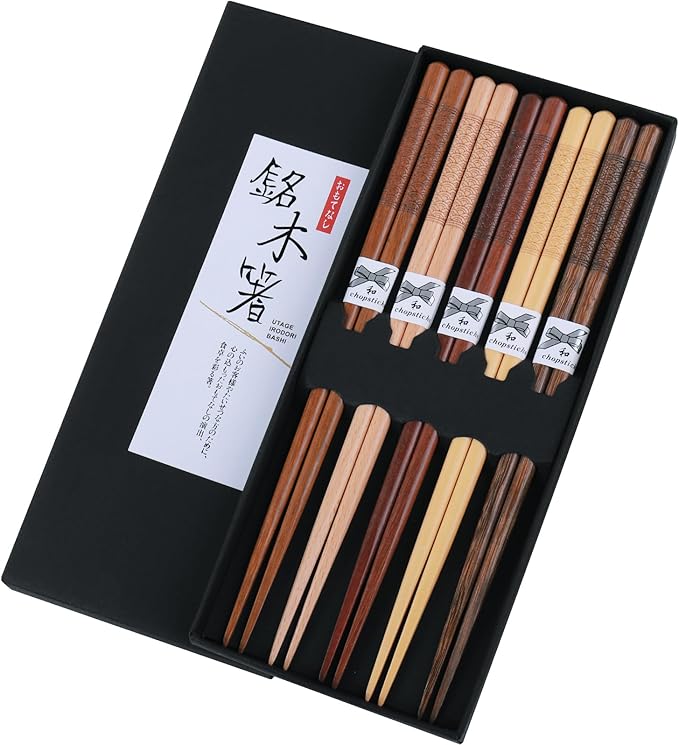 Reusable Chopsticks，GLAMFIELDS Japanese Natural Wooden 5 Pairs Hand-Carved Classic Style Lightweight Safe Chop Sticks 8.8 Inch/22.5cm Gift Set