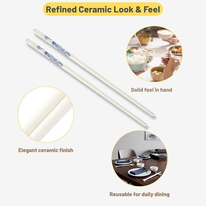 Porcelain Chopsticks Set of 5 Pairs, Reusable Bone Ceramic Chopsticks, Dishwasher Safe, Non-Slip Design, Elegant Gift Box for Family or Restaurant Use (Lantern flower)