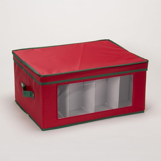 Household Essentials Holiday Wine Glass Storage Box in Strong Frame, Handles, Windowed Panel and 12 Compartments, Red with Green Trim