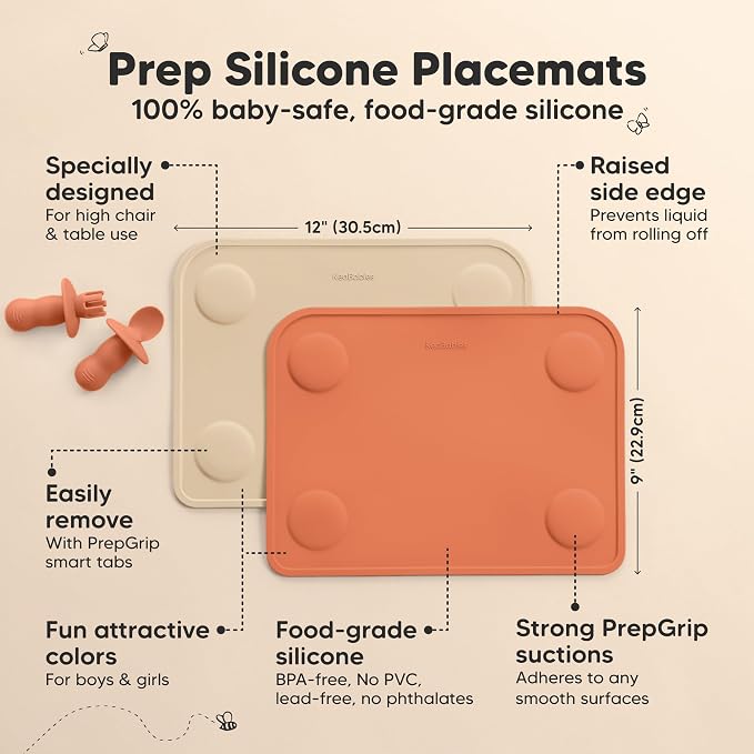 KeaBabies 2pk Silicone Placemats for Toddlers, Kids, 12x9 (Terracotta) | Non Slip Suction Silicone Placemat for Restaurants, Dining Table,Travel, Easy to Clean, Food Grade/BPA-Free, Small Table Mat