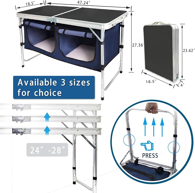 CampLand Outdoor Folding Table Aluminum Lightweight Height Adjustable with Storage Organizer for BBQ, Party, Camping