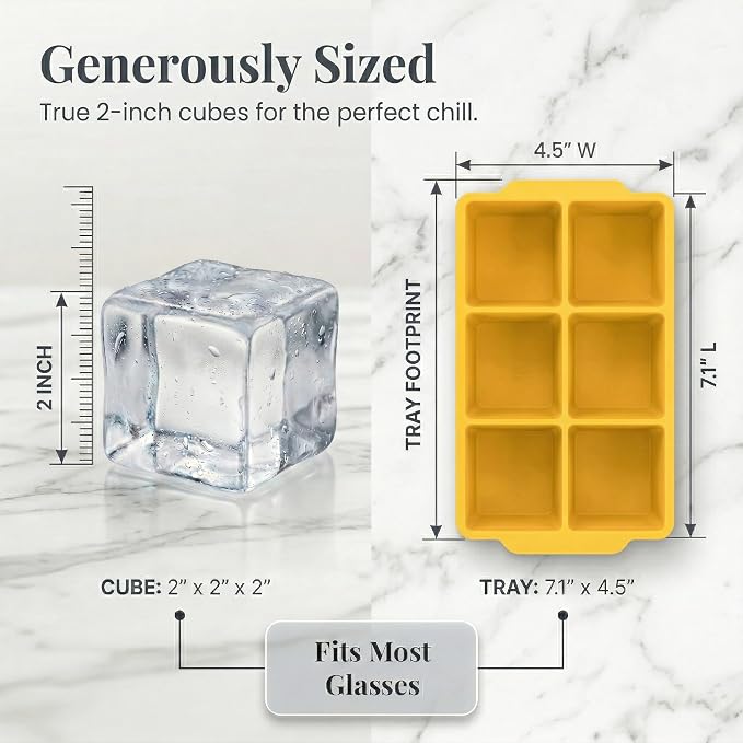 KitchFort® Large Silicone Ice Cube Tray (2-Pack), Easy Release 2" Big Ice Cubes - Cocktail, Whiskey Ice Cubes Mold - Ice Trays for Freezer with Lid - Stackable Silicone Ice Tray - Mustard Yellow