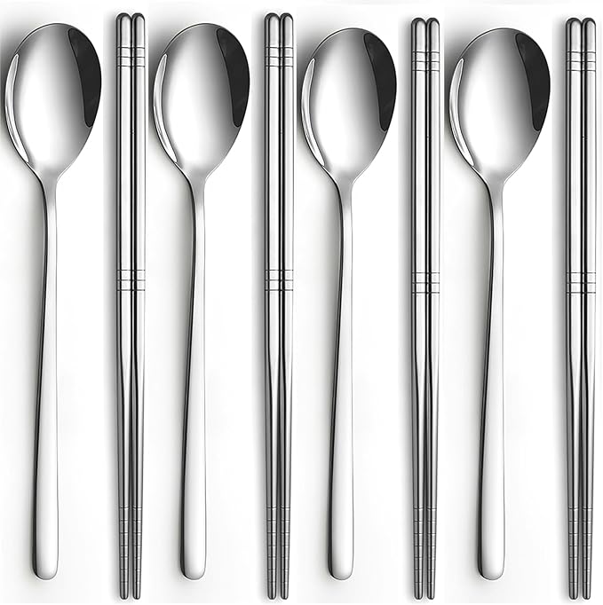 4 Set Korean Chopsticks and Spoons, Stainless Steel Metal Set, Reusable Flat Long Handle Set for Home, Kitchen or Restaurant