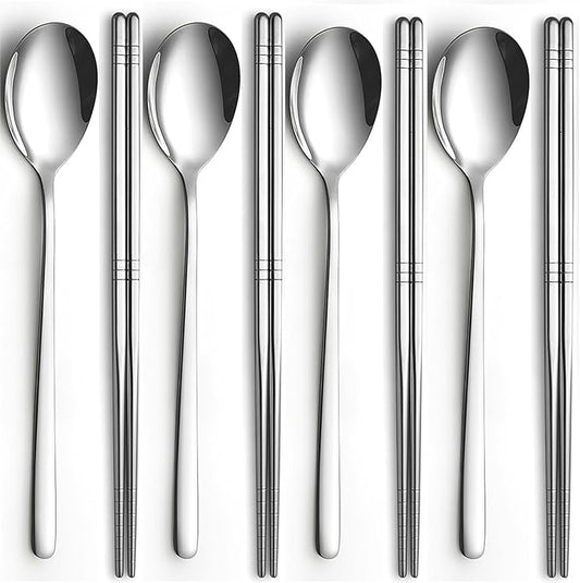 4 Set Korean Chopsticks and Spoons, Stainless Steel Metal Set, Reusable Flat Long Handle Set for Home, Kitchen or Restaurant