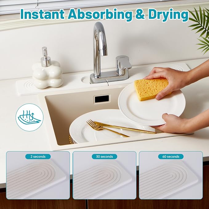 Stone Faucet Mat for Kitchen Sink with Oval Hole – 23.6" × 3.9" Diatomite Drying Stone Mat & Sink Protector, Quick-Dry Splash Guard Water-Absorbing Tray for Bathroom Counter（White.23.6 x 3.9）