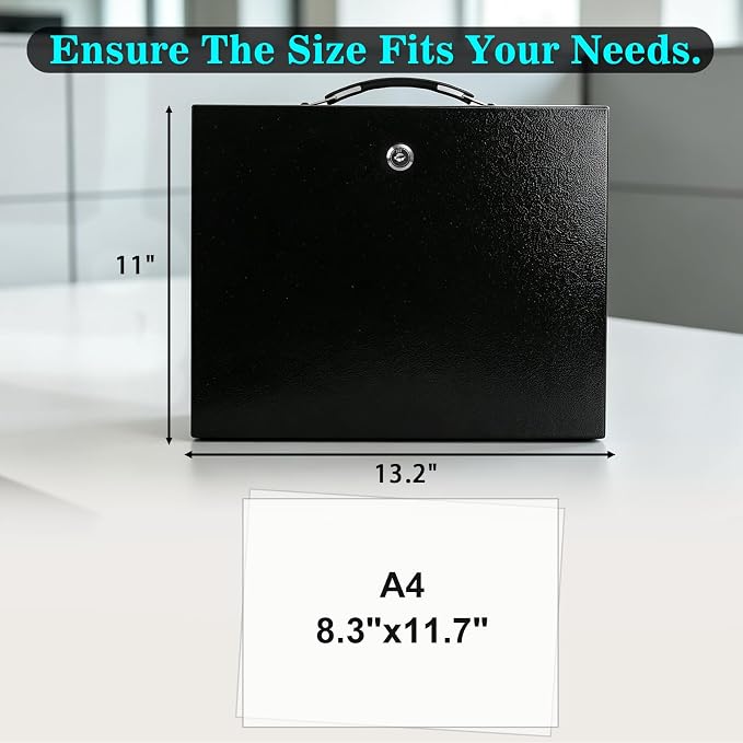 xydled Fireproof Document Box with Key Lock, Fire Safe Box, Black | Fire and water resistant lock box for documents, passports, cash and valuables, keeping secure at home, 13.2 x 11 x 5.1 Inch