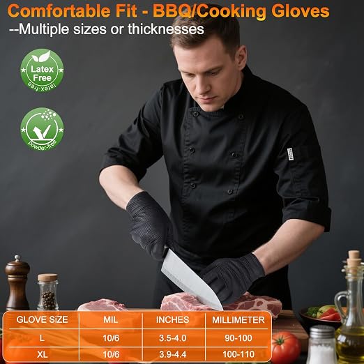 ANBOSON BBQ Gloves Disposable, Heat Resistant Grilling Gloves for Cooking | 10Mil Heavy Duty Nitrile Gloves-100Ct &4 Cotton Liners for Meat Handling Smoker for Hot Food Prep,Non-Slip Grip,XLarge,Black