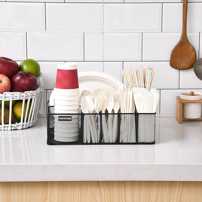 Paper Plate Organizer for Countertop, Black | Silverware Caddy with 6 Compartments for Cup, Napkin, Utensil Holder Caddy for Party, Camping, Picnic