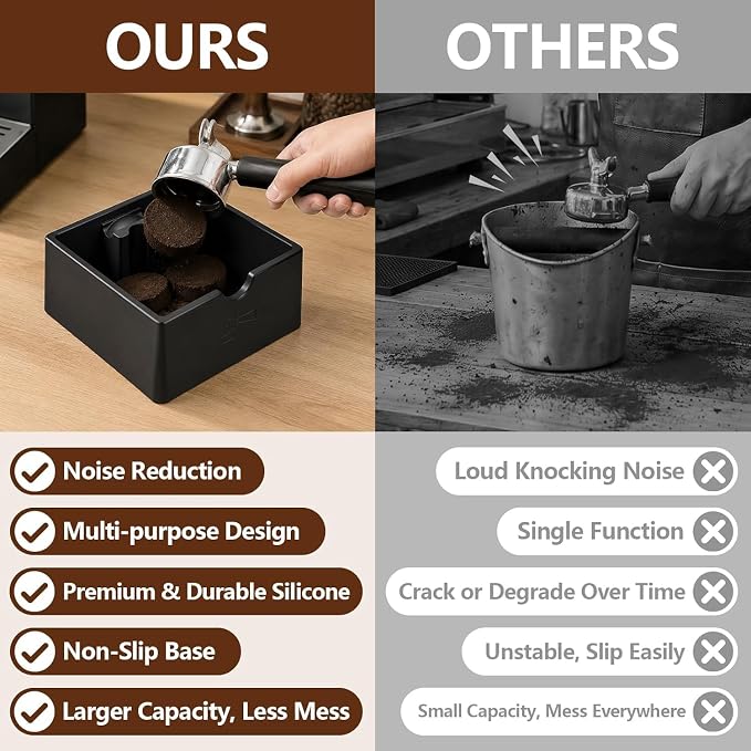 SelfTek Coffee Knock Box - Silicone coffee grounds container with Tamper Stand & Cleaning Brush Non-Slip Base & Handle, Easy Clean, Essential Coffee Maker Accessories