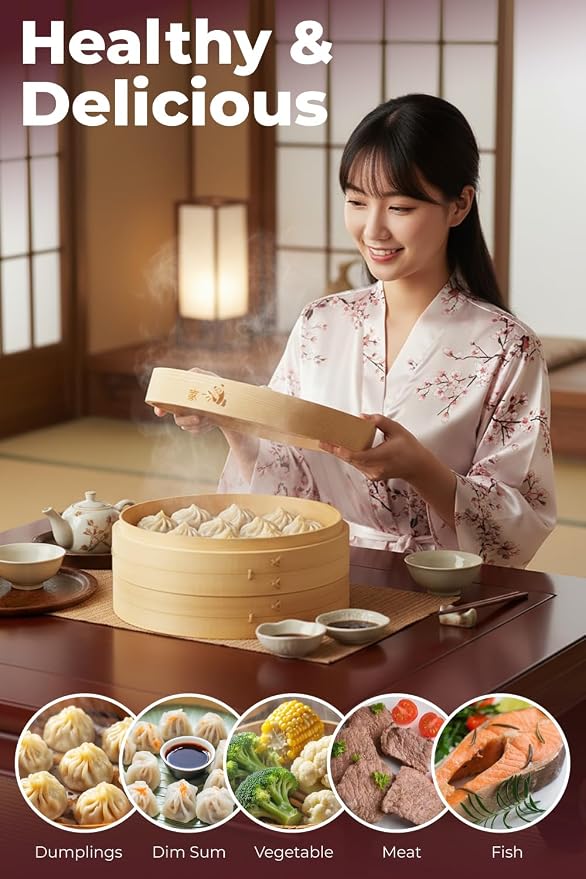 Bamboo Steamer Basket - Cook Delicious Meals with Authentic Flavor at Home | 8 Inch, 2 Tiers + 50 Liners - Compact Basket Steams Bao, Dumplings, Rice and Vegetables Together while Saving Kitchen Space