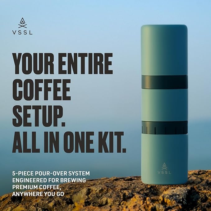 VSSL - Nest Pour Over Coffee Kit | Coffee Maker for Camping | All-In-One Travel Pour Over | Transportable Dripper, Two 10oz Stainless Steel Travel Mugs | Compact Storage & Adventure Ready | Everglade