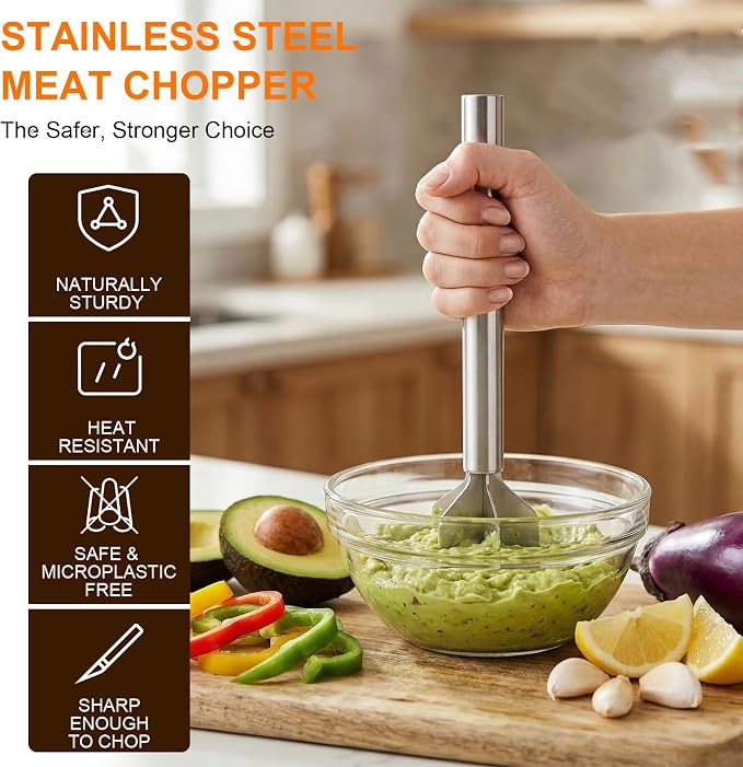 Meat Masher, Stainless Steel 6 Blade Ground Beef Chopper Tool | with Long Handle, Masher Shredder for Potato Hamburger Vegetable Puree, Dishwasher Safe