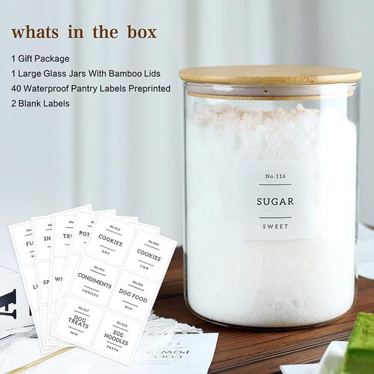 CZSZYGHBAO Large Glass Flour and Sugar Containers Jars with Bamboo Airtight Lid - 100 Fl Oz (3000ml) with Kitchen 42 Pantry Labels for Dry Food, Flour, Pasta, Cereal