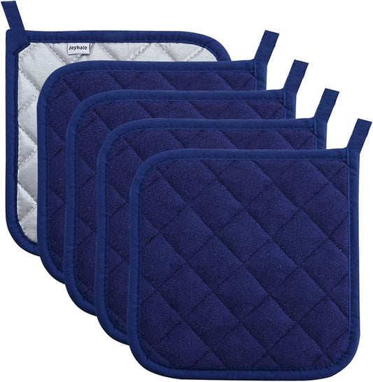 Joyhalo 5 Pack Pot Holders for Kitchen Clearance | Cotton Made, Machine Washable, Heat Resistant Potholder, Hot Pads, Trivet for Cooking and Baking, Dark Blue