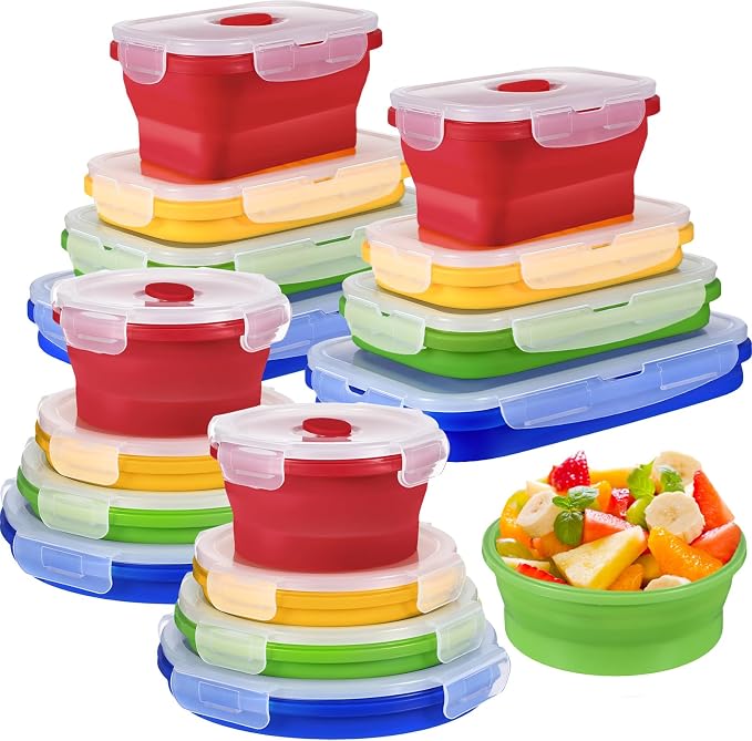 Yaomiao 16 Pack Collapsible Food Storage Containers with Lid Air Vent Foldable 8 Rectangle Storage Bowl and 8 Round Silicone Food Bow for Lunch Camping Rv Accessories Microwave Freezer(Bright Colors)