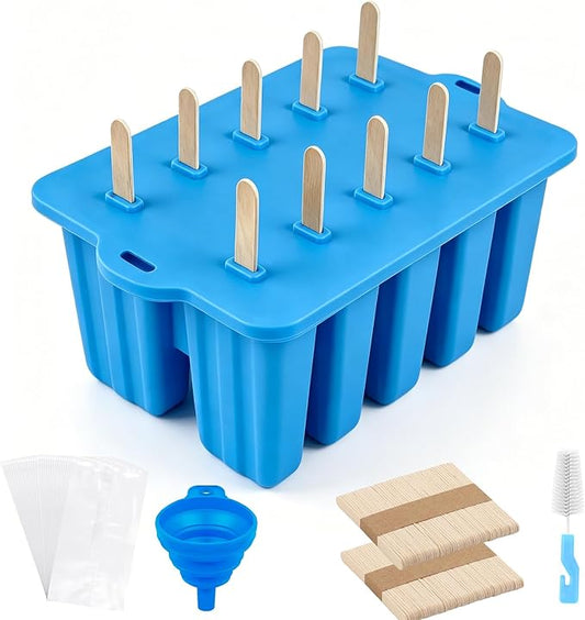 10-Cavity Silicone Popsicle Molds, BPA Free Homemade Ice Pop Maker, Blue | BPA Free Non-Stick, Easy Release, Comes with 100 Sticks, Bags, Brush & Funnel,Ideal for DIY Frozen Desserts,Kids & Home Use