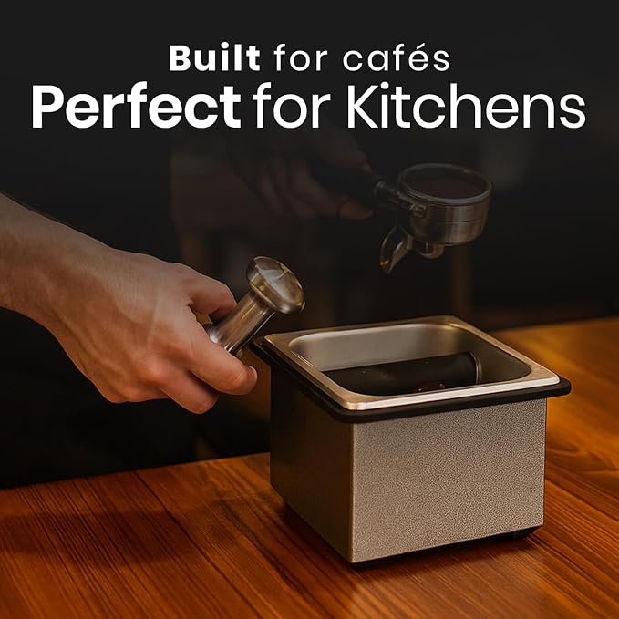 Rattleware Stainless Steel Knock Box – Heavy-Duty Espresso Puck Disposal Bin with Welded Rubber Bar – Perfect for Coffee Bar Accessories, Café, Restaurant, or Home Use (6" x 5.5" x 4")