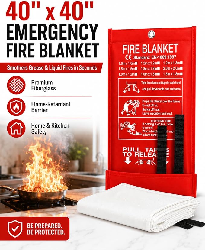 Ougist 2 Pack Emergency Fire Blanket for Home and Kitchen, 40"x40" Fire Blankets for Safety, Fiberglass Flame Suppression for Grill, RV & Camping, Peace of Mind for Your Family