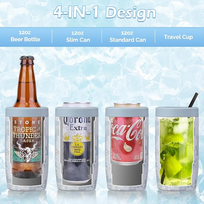 Morefeel 4-in-1 Insulated Can Cooler for 12 oz Cans & Bottles | 304 Stainless Steel Can Holder Fits 12 Oz Slim Cans, Standard Cans, Beer Bottles & Works as A Open Cup; Dishwasher Safe