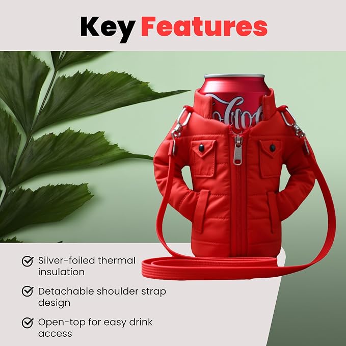 Gadgetime USA - 12oz Insulated Can Cooler Jacket (Red) - Beverage Holder with Detachable Strap - Beer/Soda Carrier - Can Holder with Shoulder Strap - Insulated Sleeve - Funny Gift for Friends & Family