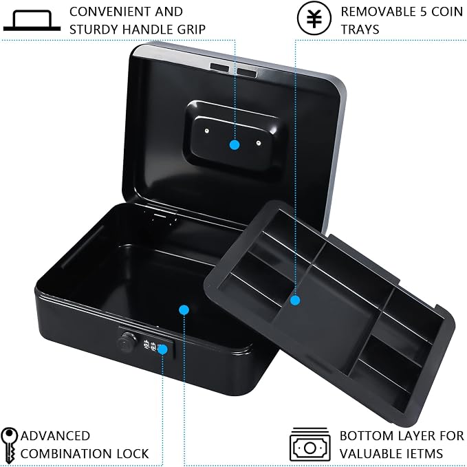 KYODOLED Large Cash Box with Combination Lock Safe Metal Money Box with Money Tray for Security Lock Box 9.84"x 7.87"x 3.54" Black
