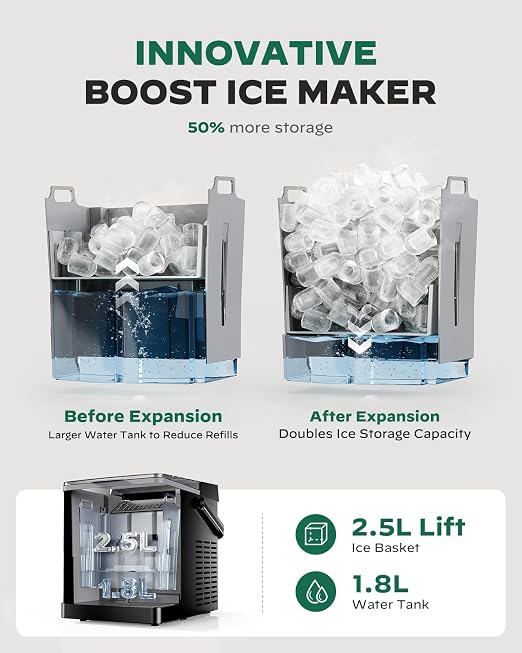 Silonn Countertop Ice Maker, Ice Makers Countertop with 2.5L Expandable Ice Basket & 1.8L Water Tank, 26Lbs/24H, 9 Bullet Ice in 6 Mins, Self-Cleaning, 2 Ice Sizes for Home Kitchen