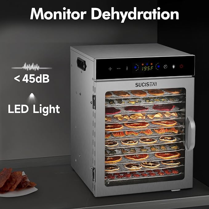 Food Dehydrator Machine 12 Stainless Steel Trays 1000W Meat Dehydrator for Home Use, 24H Timer & 195℉ Temperature Control Food Dryer for Jerky Fruit Herbs Mushroom Dog Treats