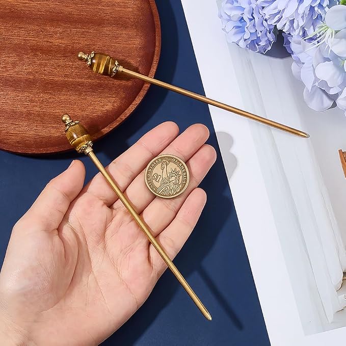 PH PandaHall 2pcs Natural Tiger Eye Bead Hair Stick Vintage Hairpin 5.9 inch Golden Hairpins Chinese Hairpin Metal Hair Sticks Brass Hairs Chopstick for Women Gifts Long Hairs Ornament Accessory