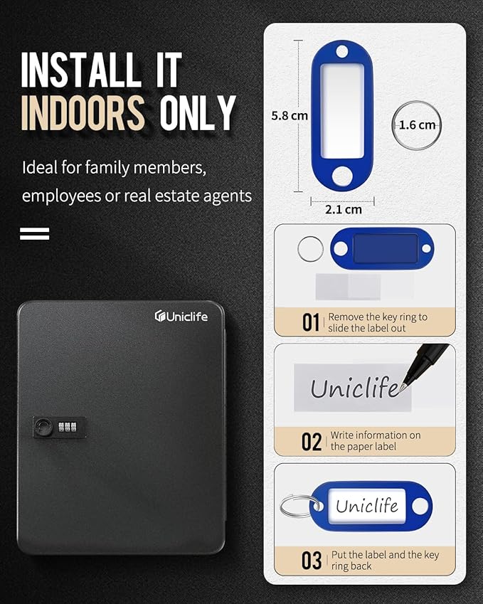 Uniclife 60 Position Key Cabinet with Combination Lock Resettable Black Digital Security Storage Box Steel Key Organizer with Colorful Key Tag Labels Stickers and Hooks