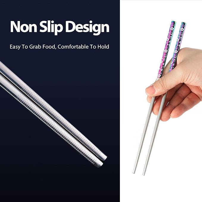 Hagary Cherry Blossom Rainbow Chopsticks Metal Chopsticks Reusable Designed In Korea Japanese Style Stainless Steel 316 18/10 Non-Slip Dishwasher Safe (5 Pairs)