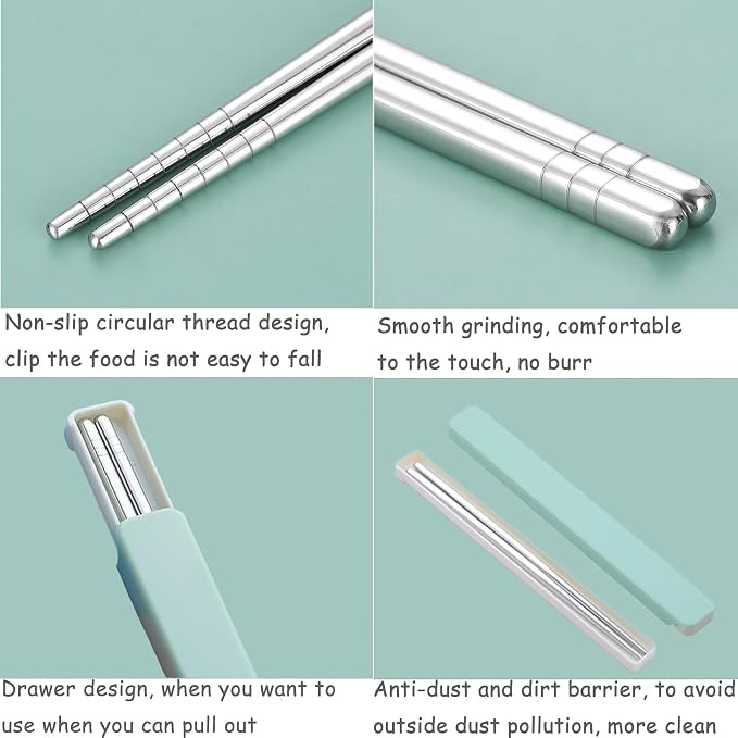Stainless Steel Metal Chopsticks - Reusable 1 Pair with Pull Design Case - Portable Utensil for School, Home, Office, Camp, Travel, Bento Box (Green)