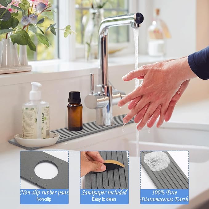 Stone Faucet Mat for Kitchen Sink, Super Absorbing, Dark Gray,15.6"x3.9" | Diatomite, Fast-Drying, Eco-Friendly, Faucet Splash Guard for Bathroom or Kitchen Counter