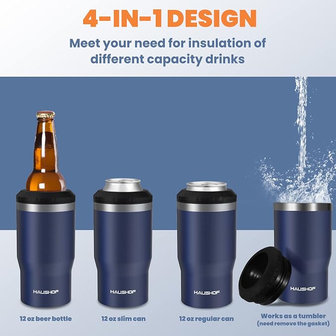 HAUSHOF 4-in-1 Insulated Can Cooler Fits 12oz Cans & Beer Bottle, Navy Blue | Double-Wall Vacuum Insulated, 18/8 Stainless Steel, BPA-Free Lid, Slim Can Cooler for Camping, Beach & Picnic