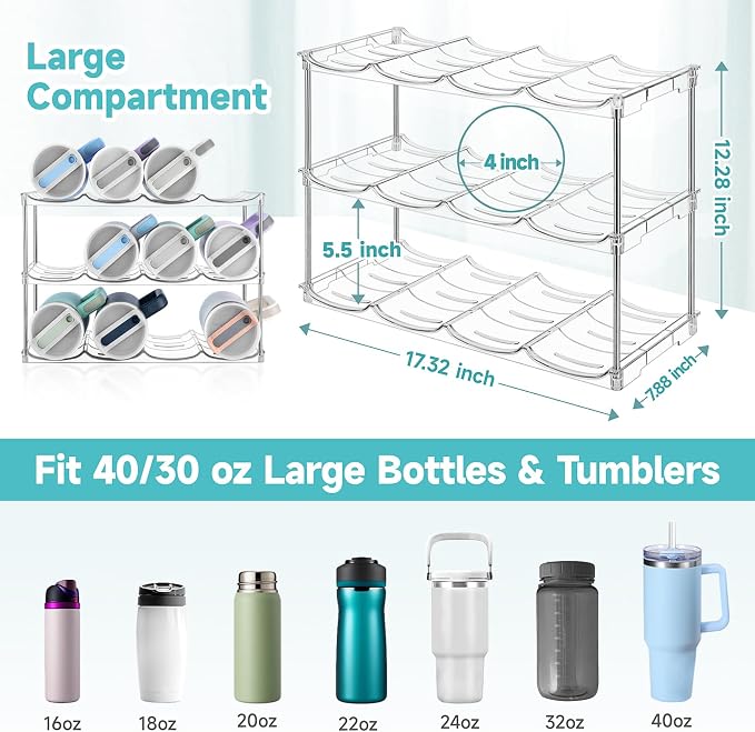 Stackable Water Bottle Organizer Large Compartment Water Bottle Holder | Tumbler Organizer for Stanley 40 oz Cup, Kitchen Cabinet Storage Organizer for Stanley Cup Accessories, 3 Tier Hold 12 Bottle