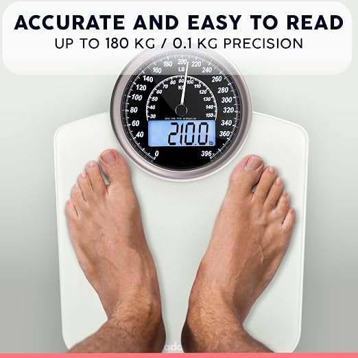Hybrid Bathroom Scale - Analog & Digital Display, Accurate to 400 lbs | See weight on both an analog dial and digital LCD at once. Wide glass platform, accurate to 0.2 lbs, batteries included.
