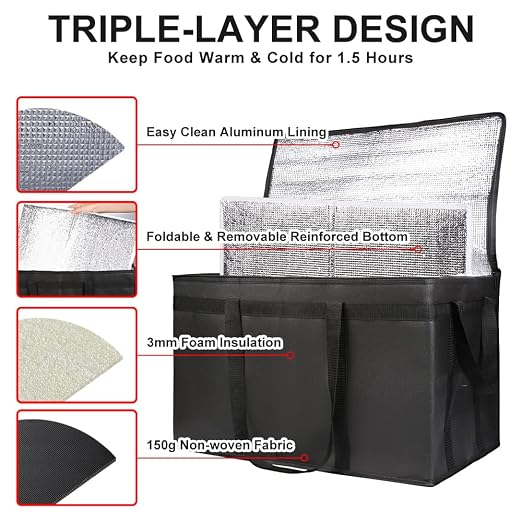 2-Pack Insulated Food Delivery Bag with Hard Bottom, 3X-Large, Black | Commercial Food Warmers for Delivery Drivers, Reusable Grocery Shopping Cooler/Hot Bags, Tote for Picnic/Travel, Heavy Duty