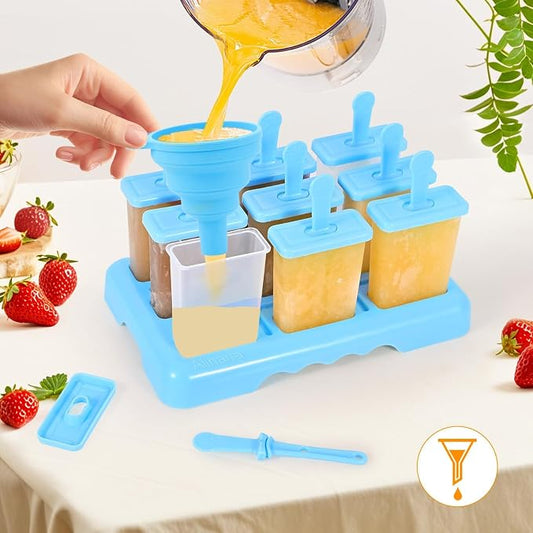 9 Cavities Popsicles Molds, Without BPA Popsicle Molds with Built-in Popsicle Stick, DIY Popsicle Molds with Cleaning Brush and Funnel