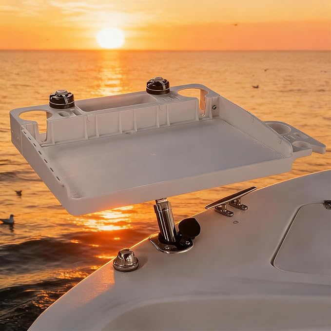 Boat Cutting Board Bait Table with Stainless Steel Arm, Single Rod Holder, 360° Rotating Surface, Knife & Plier Slots, Drain Channel – Fish Cleaning & Fillet Station for Boats & Grills