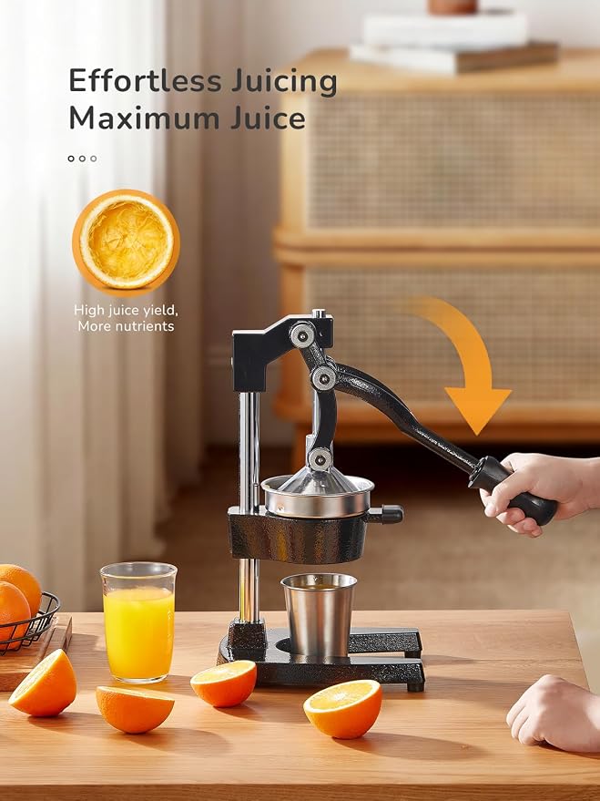 QCen Manual Citrus Juicer Cast Iron Heavy Duty Orange Press | Stainless Steel Strainer, Hand Squeezer, Easy To Clean, For Orange, Lemon, Lime And Grapefruit, Black
