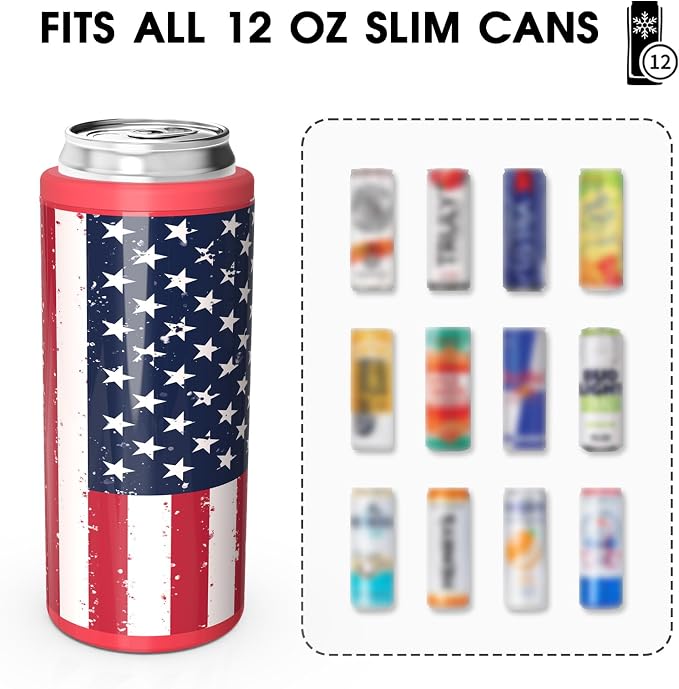 TILUCK Skinny Can Cooler, Stainless Steel Insulated Slim Cans, 12 oz | Beer & Hard Seltzer, Doucle-Walled Stainless Steel Insulated Slim Cans, Slim 12 oz(U.S. Flag-NEW)