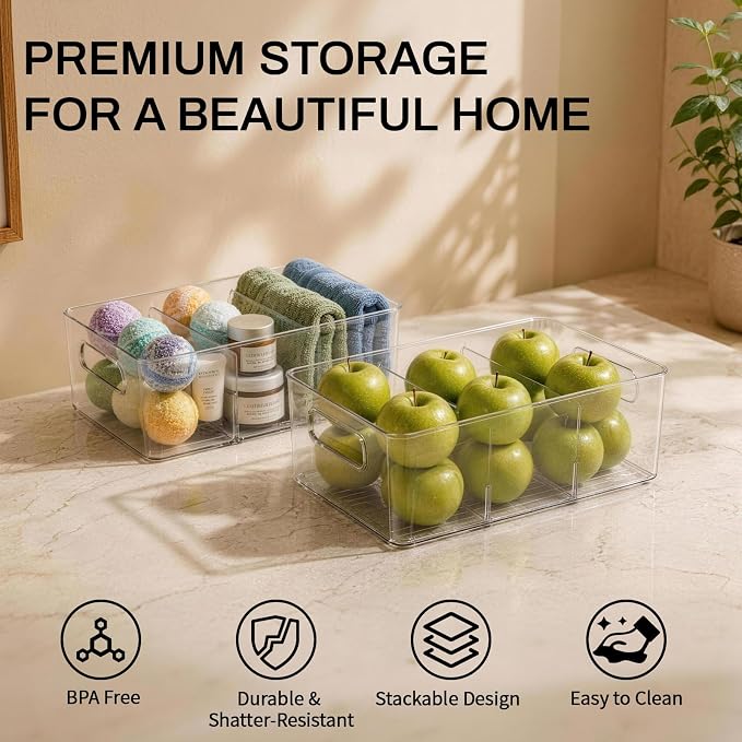 Mpotmiy 10-Pack Pantry Organizers and Storage, Clear Fridge Organizer Bins | Clear stackable plastic bins with removable dividers for packets, snacks, pouches and spices in pantry, fridge or freezer.