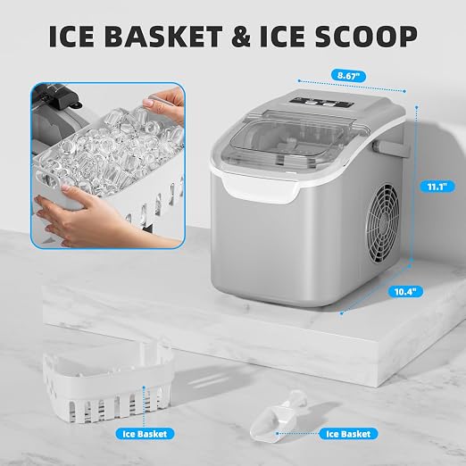 Antarctic Star Countertop Ice Maker Machine, 8 Cubes in 6 Mins, 26.5 lbs/Day, Self-Cleaning, 2 Sizes, Ultra-Quiet for Home/Kitchen/Camping/RV Grey