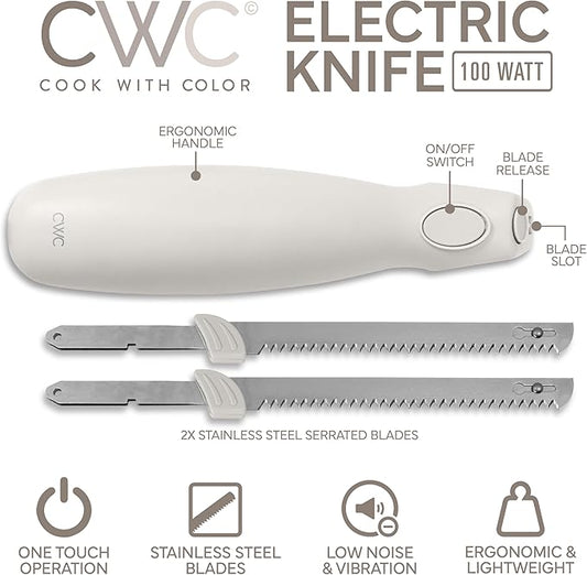 COOK WITH COLOR Electric Knife, 100W Power, Dual Stainless Steel Blades for Precise Cutting, Ergonomic Handle, Low Noise and Vibration, Ideal for Bread, Meat, and Vegetables, Cream