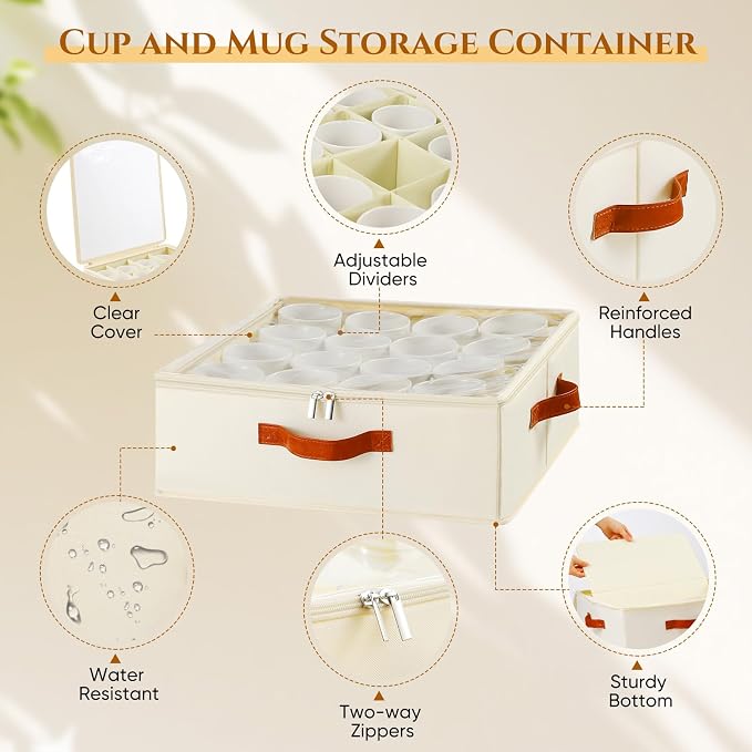 Foyego Cup and Mug Storage Box, Beige, 2 Pack | 32 Adjustable Dividers, Hard Shell, with Transparent Lid, 3 Handles, Zippers, Stackable Storage Organizers for Packing&Moving