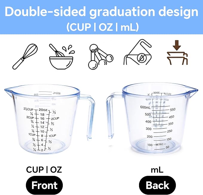 Measuring Cup Set, 3PCS Plastic Liquid Measuring Cups,Includes 150Ml, 300Ml and 600Ml, with Nozzle Handle- Baking, Cooking, Mixing & Liquid/Solid Measuring, Essential Kitchen Tools (Clear)