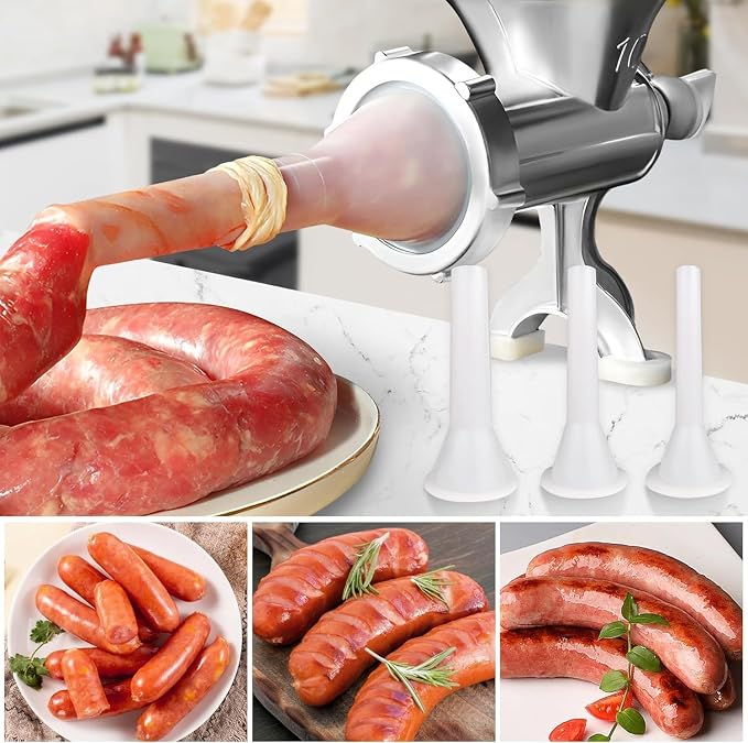 2-in-1 Manual Meat Grinder-Manual Meat Grinder with Sausage Stuffer-Suitable for Filling Meat Sausages and Grinding Foods-Suitable for Home Restaurants Meat Grinder-LZ1 (Silver)