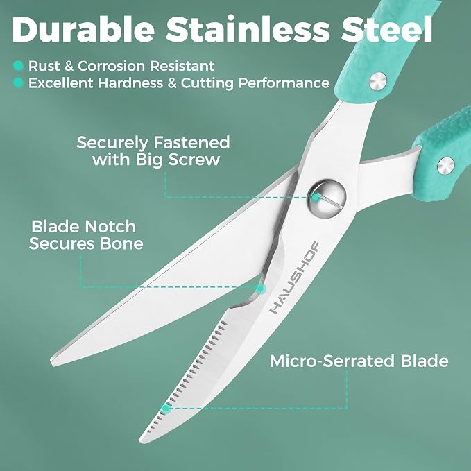 HAUSHOF 10" Poultry Shears, Stainless Steel Kitchen Scissors for Food | Serrated Blade, One-Piece Handle, Spring-Assisted Cutting, Safety Lock, Poultry, Meat, Fish & Bone Prep